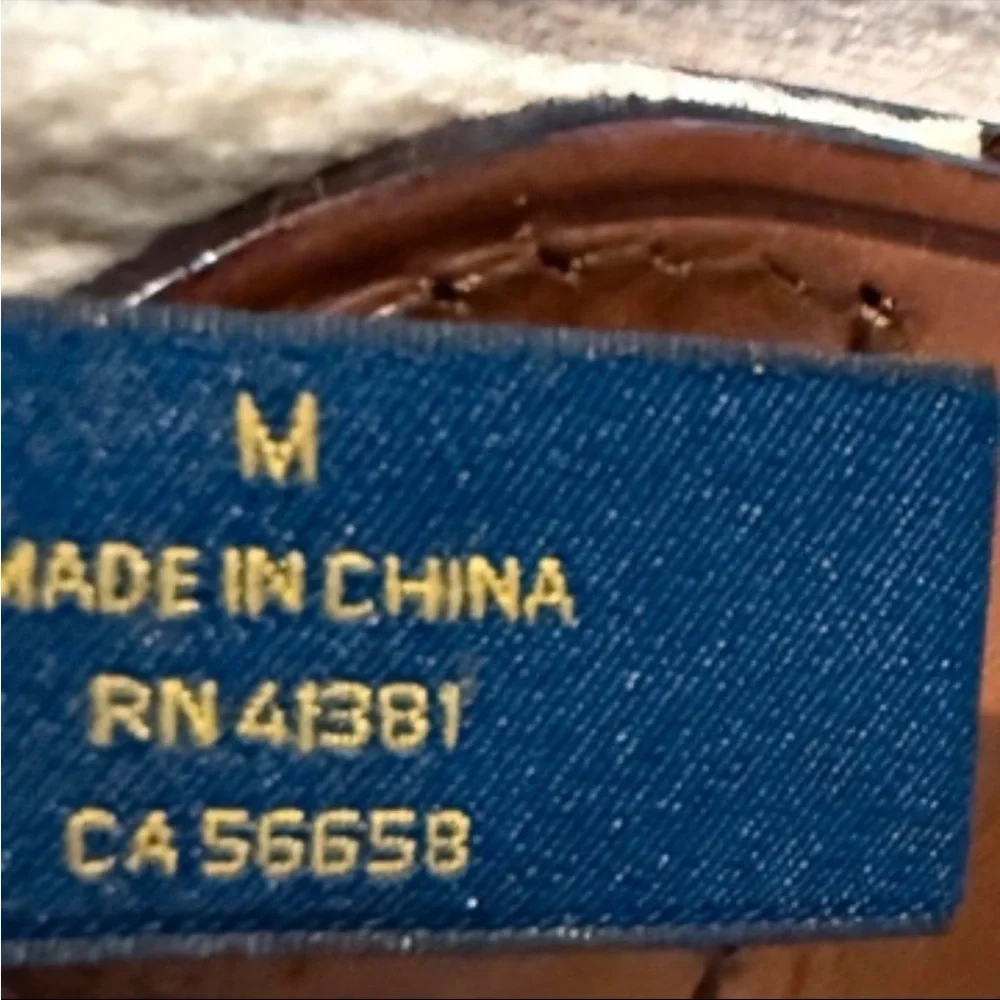 Ralph Lauren Navy Paisley Canvas Belt with Brown Leather and Gold Buckle